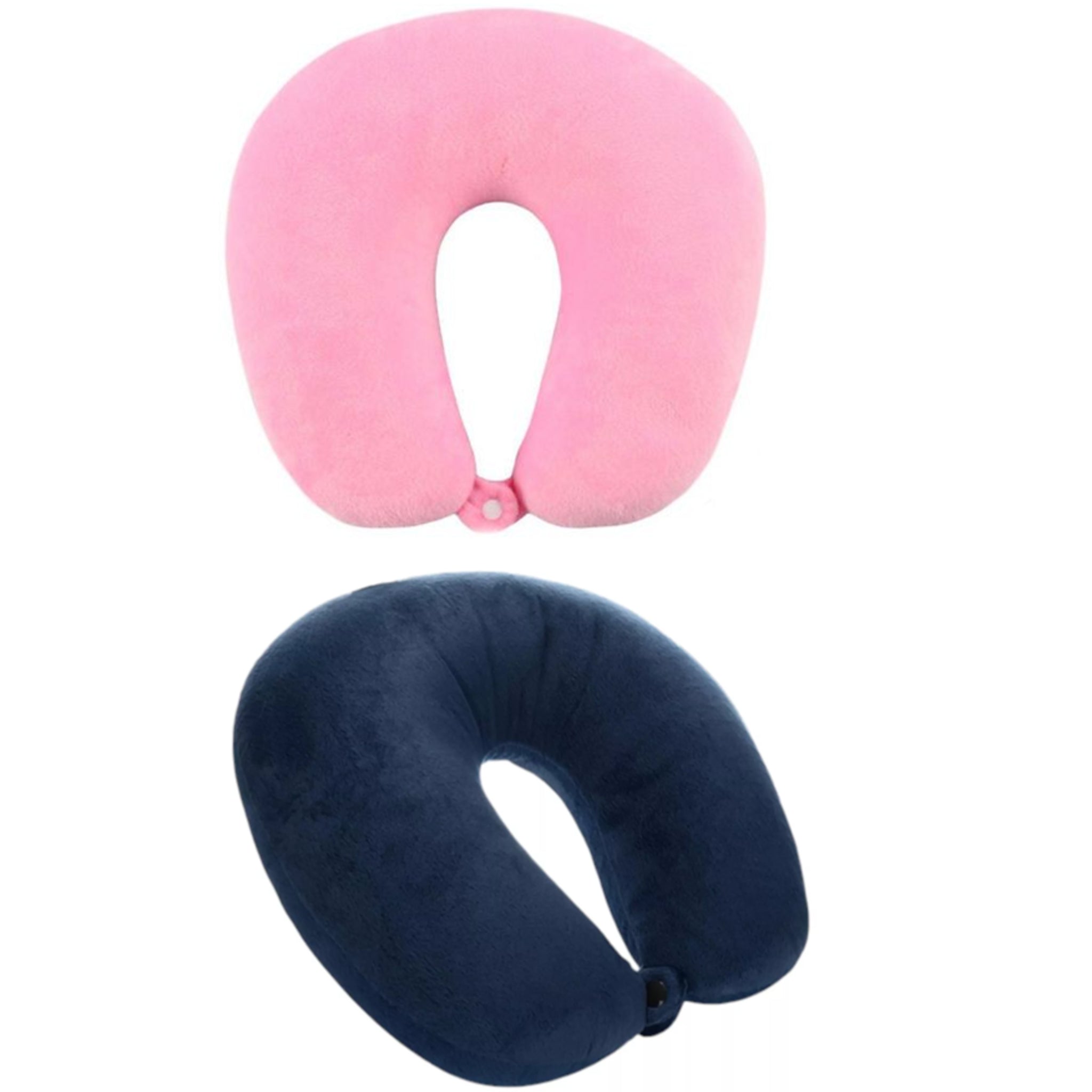 Soft memory foam travel neck pillows in pink and navy blue – U-shaped ergonomic design with button clasp for support and comfort on flights and long journeys